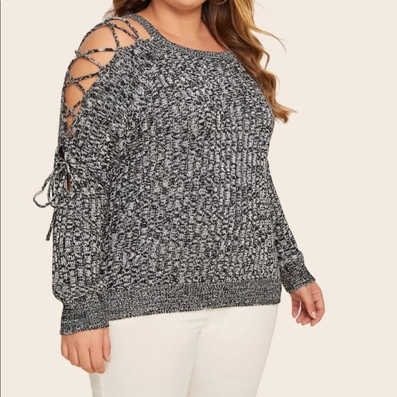 Plus black white lace up sleeve marled sweater - Picture 2 of 5